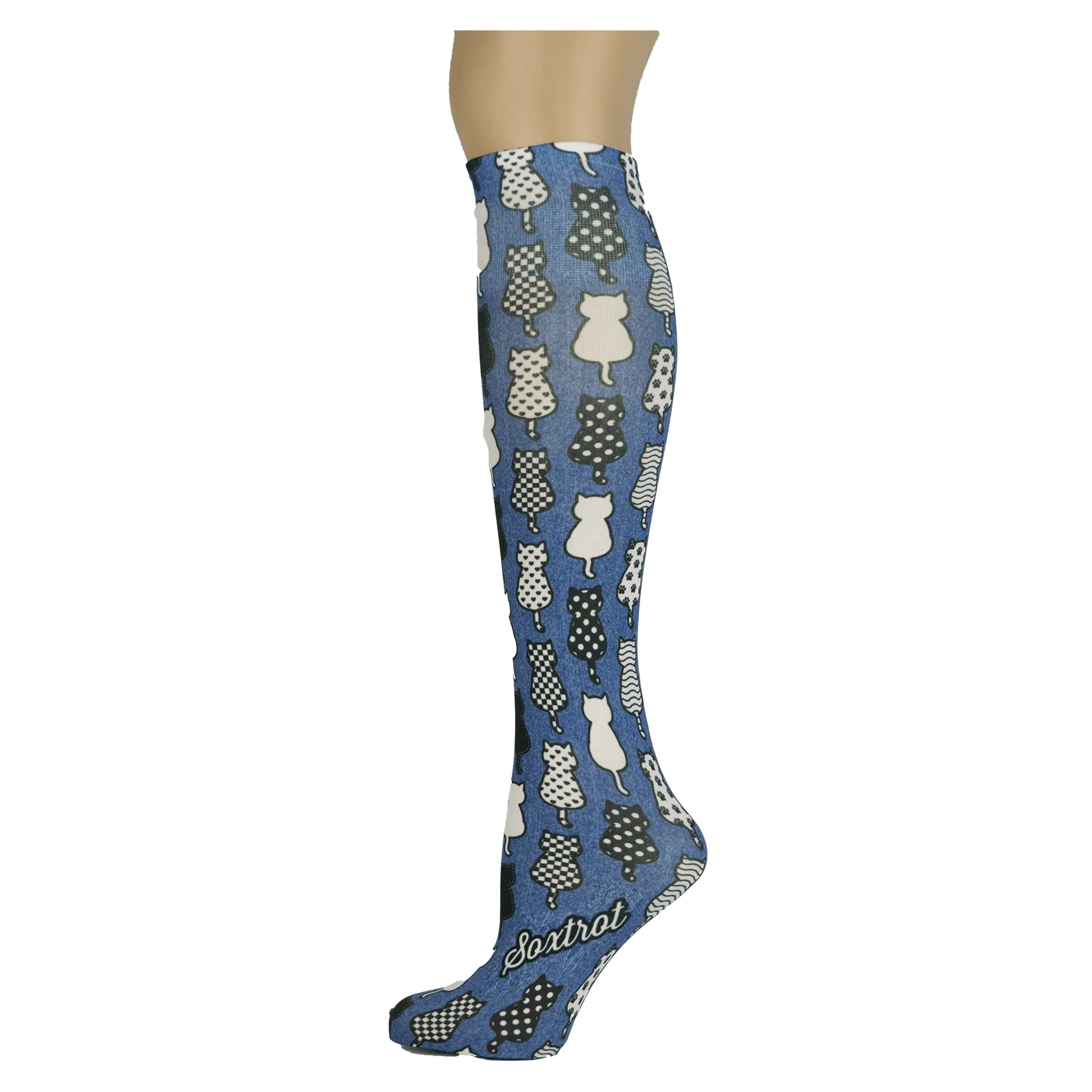 Denim Kitty Adult Knee Highs
