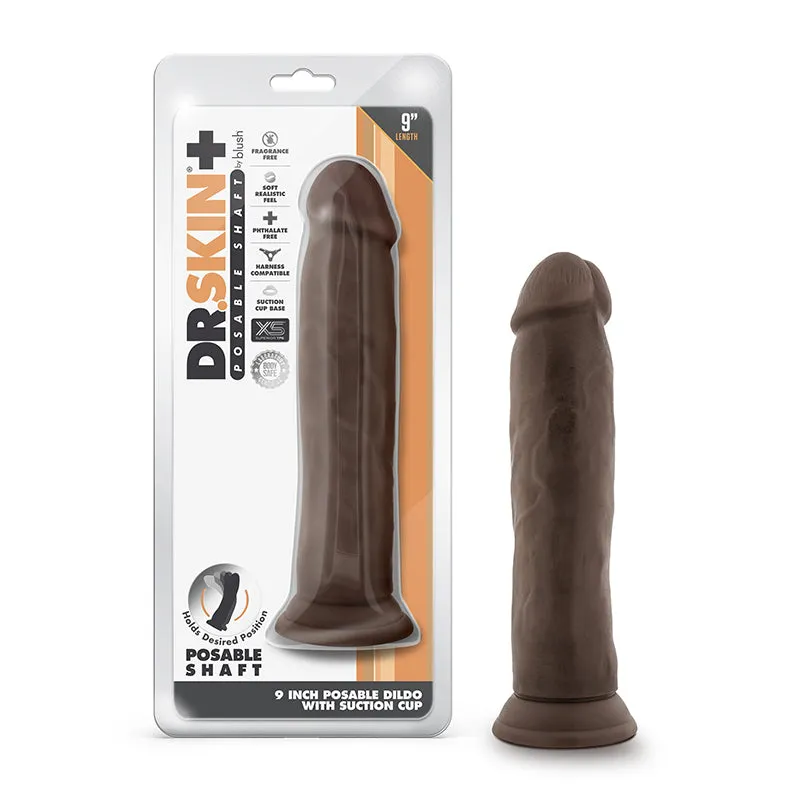 Dr. Skin Plus Thick 9 in. Triple Density Posable Dildo with Suction Cup Brown