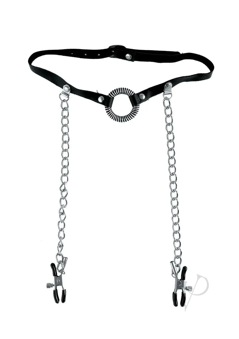 Ffle O Ring Gag and Nipple Clamps Black