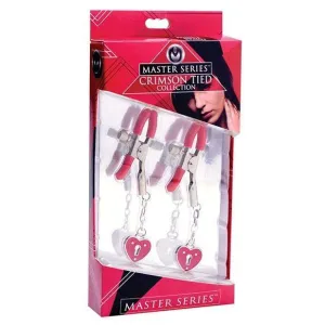 Master Series - Crimson Tied Collection Charmed Heart Padlock Nipple Clamps (Red)