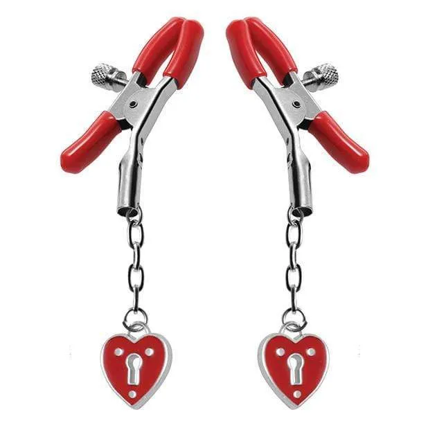 Master Series - Crimson Tied Collection Charmed Heart Padlock Nipple Clamps (Red)