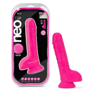 Neo Elite 9 in. Silicone Dual Density Dildo with Balls Neon Pink